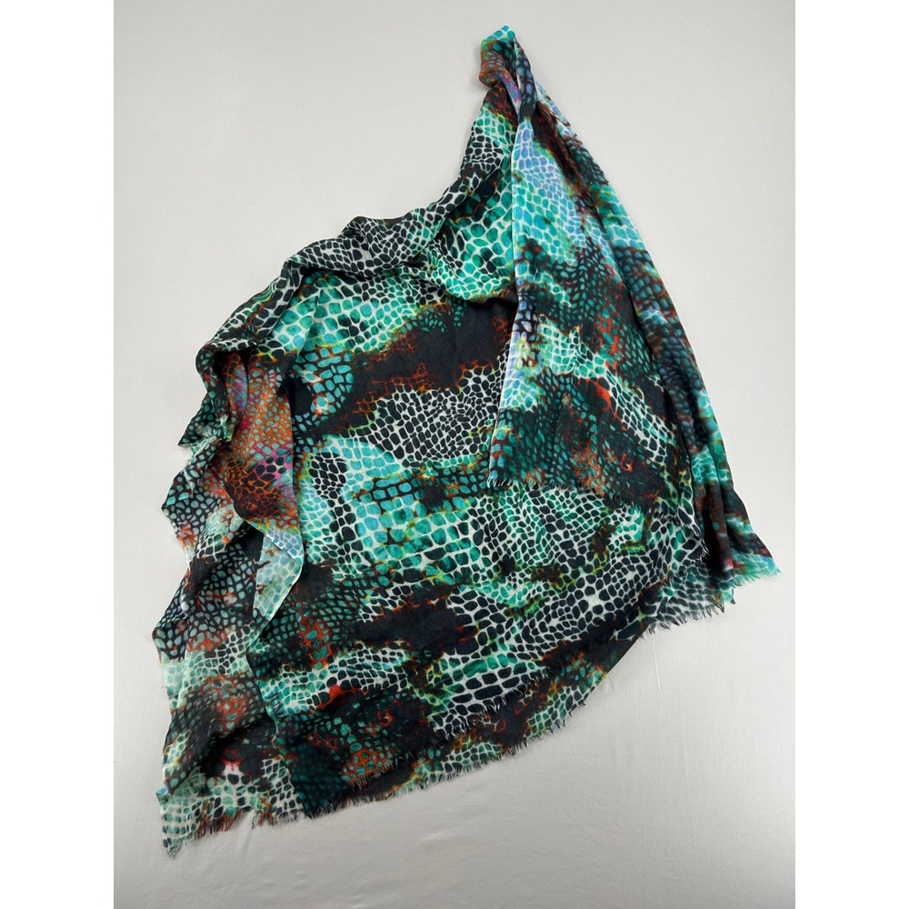 Women's JUMA Teal Orange Snakeskin Print Oversized Square Scarf Eyelash Fringe
